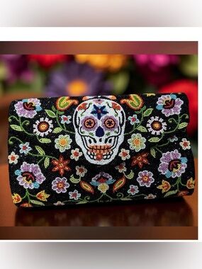 TIANA Beaded Envelope Sugar Skull Clutch Edgy statement cocktail